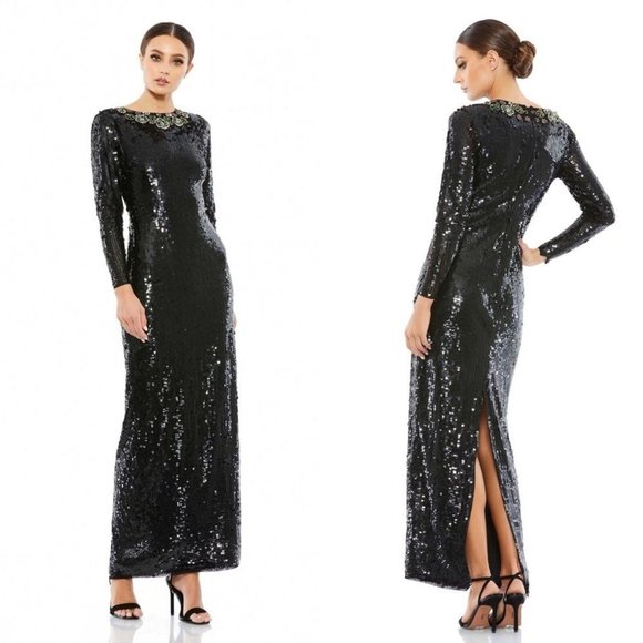 NWT MAC DUGGAL 93613 BLACK SEQUINED‎ EMBELLISHED COLLAR LONG GOWN $498 - Picture 1 of 8